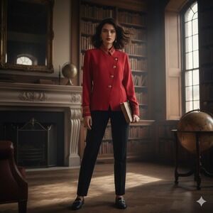 Vintage 80s Lew Magram Collection Red Military Blouse with‎ Gold Embroidery